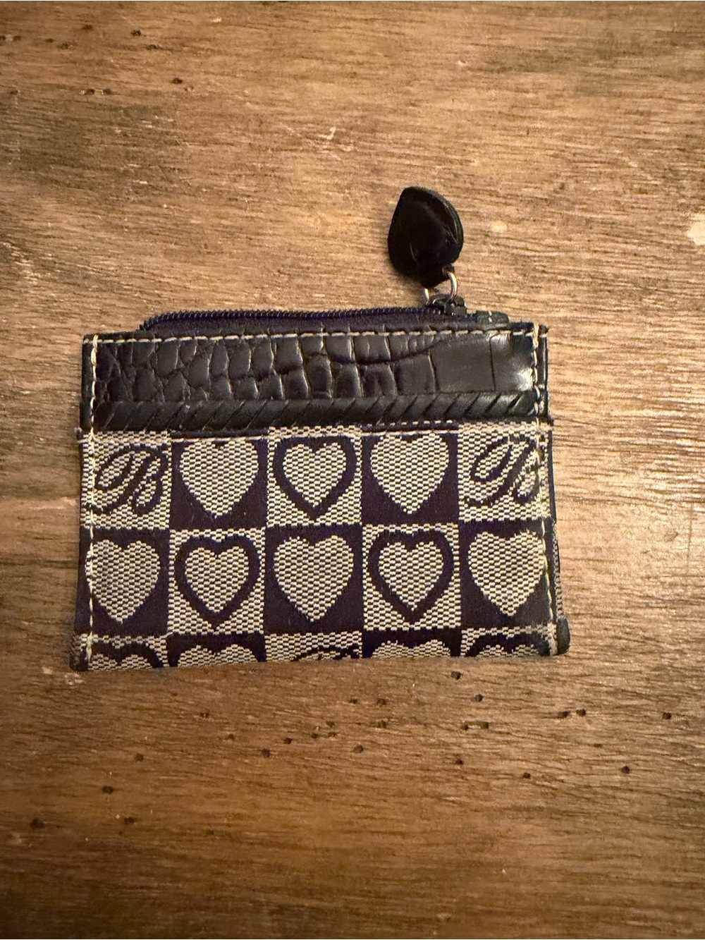 Brighton Mini Small Coin Change Purse Black Leather Fabric Hearts Zip Top